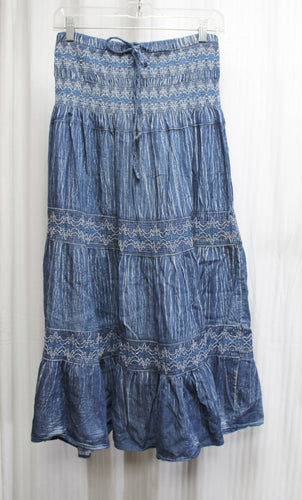 Lapis - Blue Chambray, Smocked Waist, w/ Embroidery Tiered Peasant Skirt - Size M