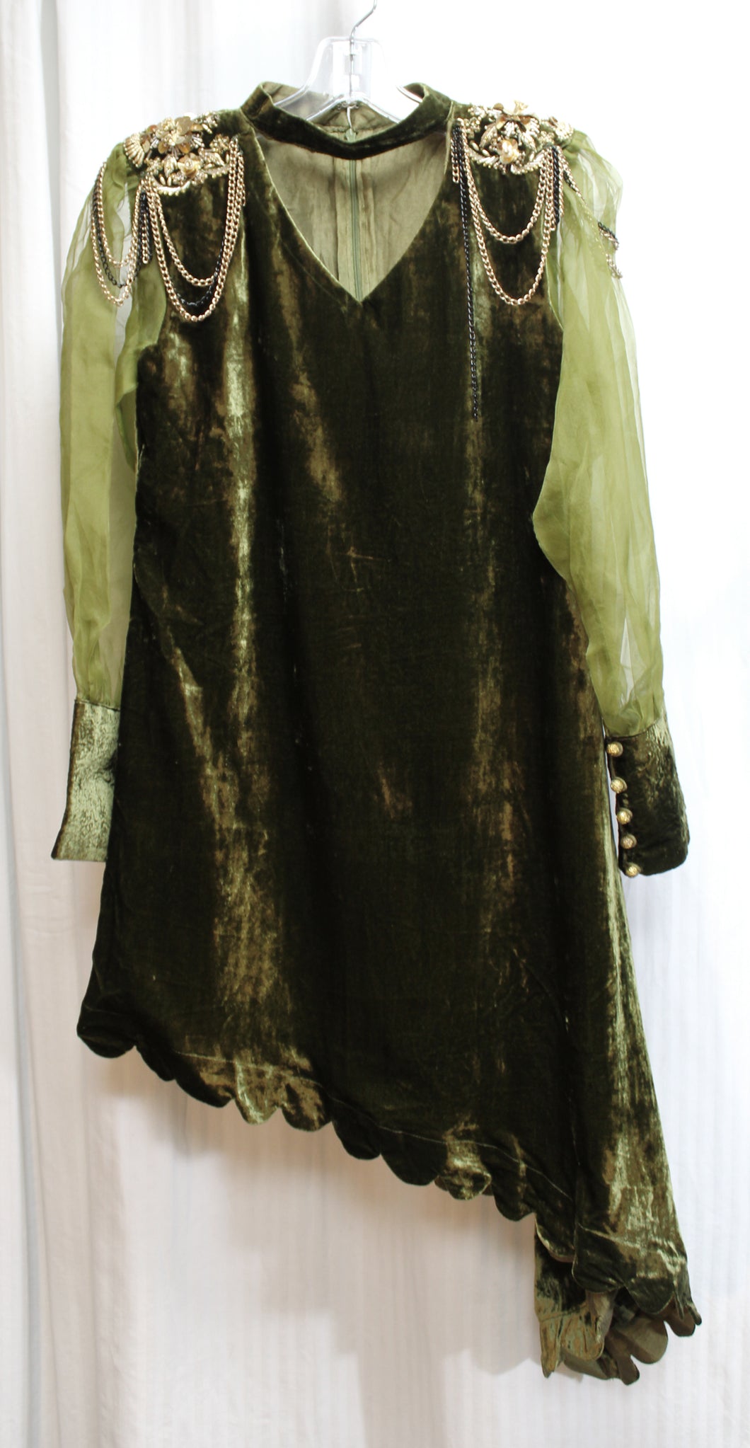 Vintage - Unique Green Velvet ,Keyhole Neckline Asymmetrical Dress w/ Sheer Sleeves & Heavily Embellished Embroidered & Beaded Shoulders - See Measurements 14