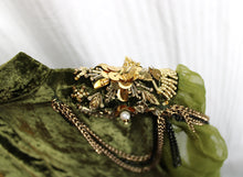 Load image into Gallery viewer, Vintage - Unique Green Velvet ,Keyhole Neckline Asymmetrical Dress w/ Sheer Sleeves &amp; Heavily Embellished Embroidered &amp; Beaded Shoulders - See Measurements 14&quot; Shoulders