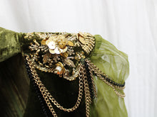 Load image into Gallery viewer, Vintage - Unique Green Velvet ,Keyhole Neckline Asymmetrical Dress w/ Sheer Sleeves &amp; Heavily Embellished Embroidered &amp; Beaded Shoulders - See Measurements 14&quot; Shoulders