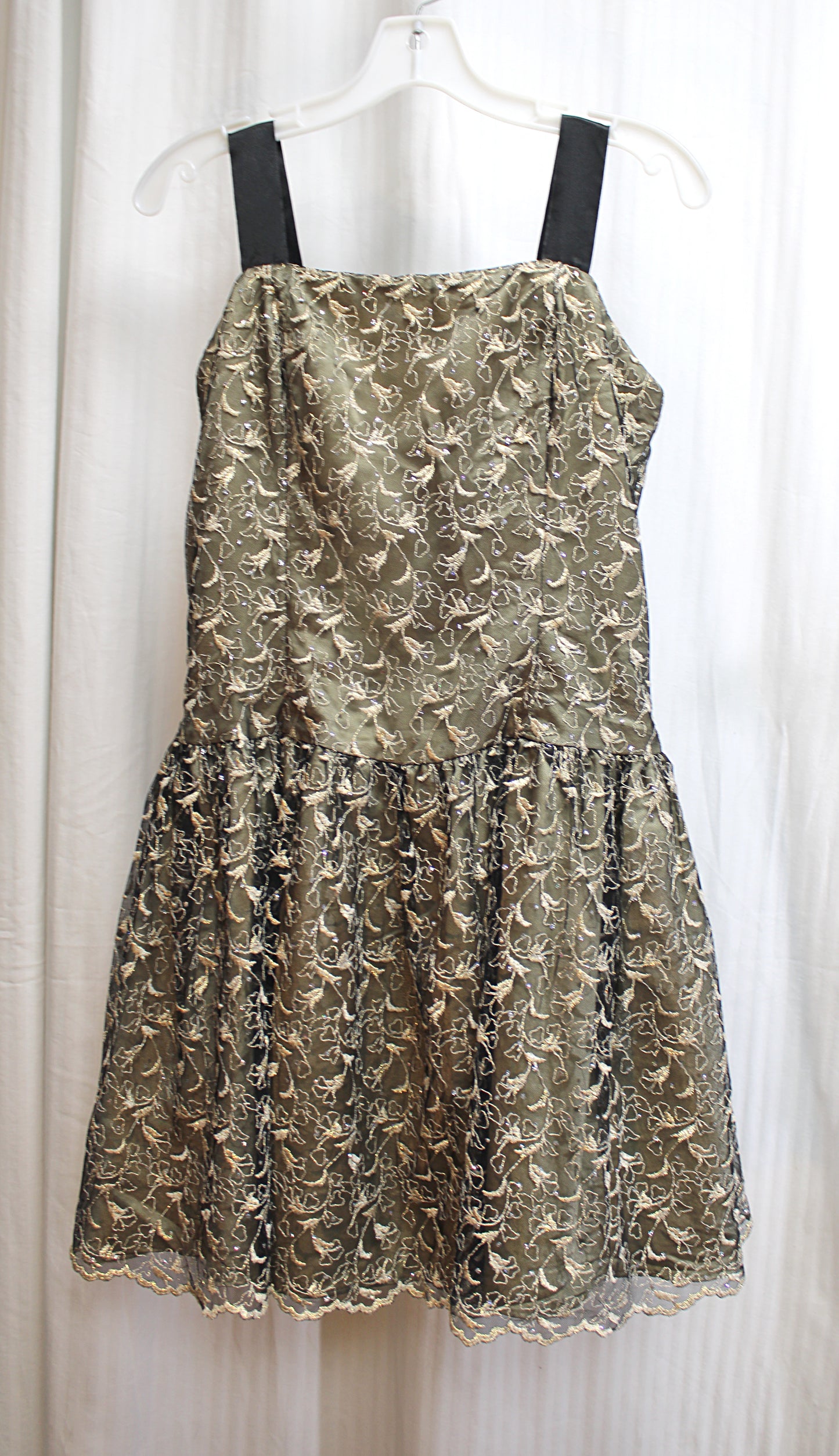 Vintage - Jessica McClintock - Black w/ Embroidered Gold Floral Lace Over Gold Satin Party Mini Dress - See Measurements 29" Waist