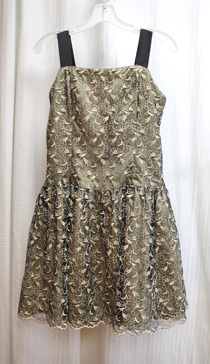 Vintage - Jessica McClintock - Black w/ Embroidered Gold Floral Lace Over Gold Satin Party Mini Dress - See Measurements 29" Waist