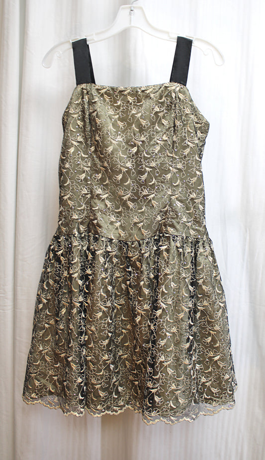 Vintage - Jessica McClintock - Black w/ Embroidered Gold Floral Lace Over Gold Satin Party Mini Dress - See Measurements 29" Waist