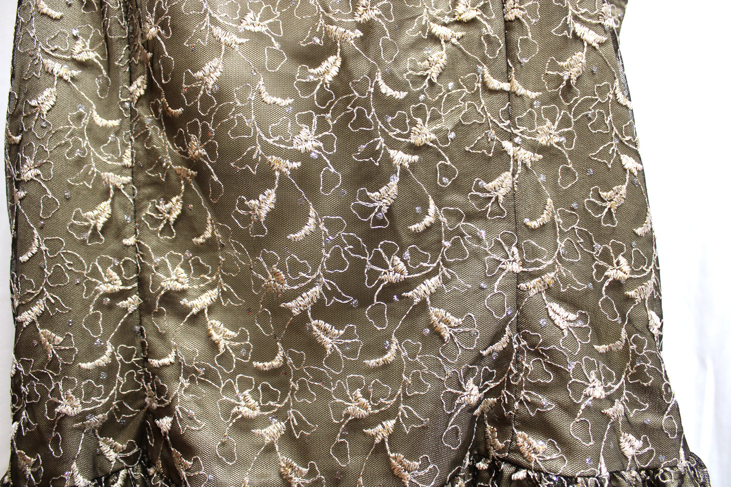 Vintage - Jessica McClintock - Black w/ Embroidered Gold Floral Lace Over Gold Satin Party Mini Dress - See Measurements 29" Waist