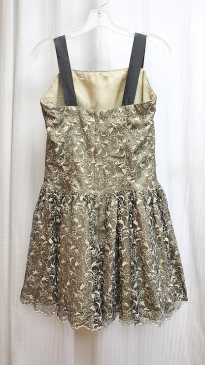 Vintage - Jessica McClintock - Black w/ Embroidered Gold Floral Lace Over Gold Satin Party Mini Dress - See Measurements 29" Waist