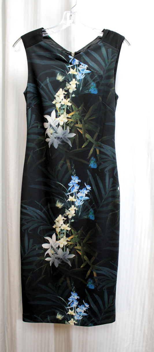 Ted Baker, London - Sleeveless Black "Twilight Orchid" Floral Full Zip Back Dress - Size 2