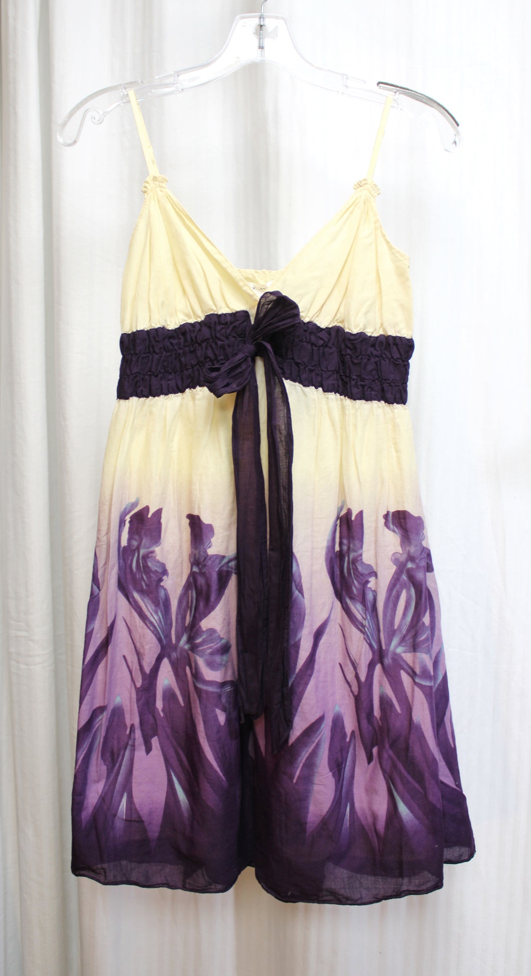 Max Studio - Adjustable Spaghetti Strap Yellow to Purple Ombre w/ Iris Flowers Mini Dress - Size XS