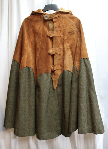 Vintage - Deep Hooded Brown Suede & Green Wool Cape - Size L (Approx, No Size Tag)