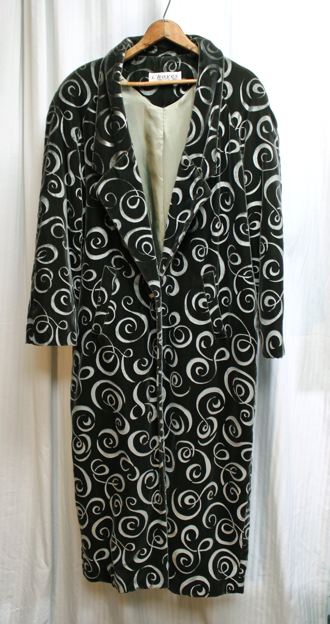 Vintage - Chayes - Dark Gray Green Velvet Swirl Embossed Coat - Size S