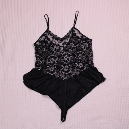 Vintage - Undercover Wear - Black Lace Teddy Bodysuit with a Ruffled Peplum Bottom - Size M