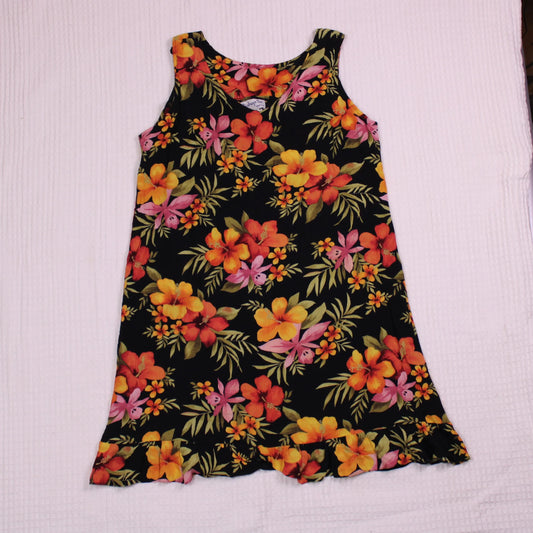 Vintage - Bishop St. Apparel - Black Hawaiian Sleeveless A-line Dress with a Tropical Floral Pattern - Size XL