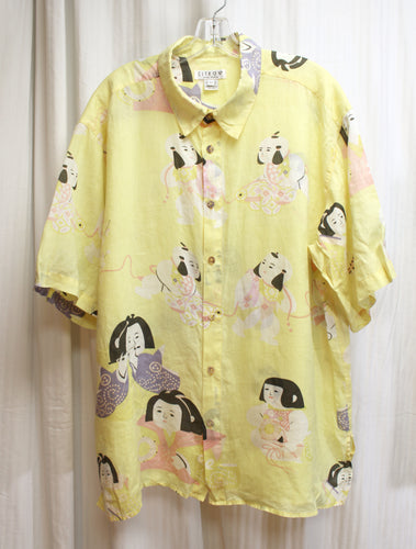 Citron, Santa Monica - Light Weight Linen Yellow w/ Asian Print, Button Front Shirt - Size L