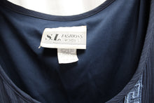 Load image into Gallery viewer, Vintage - S.L. Fashion - Bohemian Navy Blue Layered Flowy Dress w/ Patchwork, Floral Applique &amp; Greek Key Trim Detailing - Size 22W (See Measurements, Vintage)