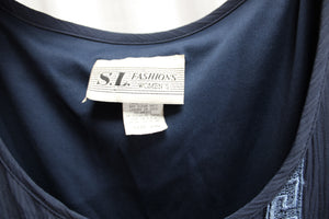 Vintage - S.L. Fashion - Bohemian Navy Blue Layered Flowy Dress w/ Patchwork, Floral Applique & Greek Key Trim Detailing - Size 22W (See Measurements, Vintage)