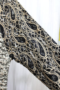 Escio - Pearl, Black & Beige, Knobbly Knit Sweater w/ Embroidered Mesh Knit Sleeves - Size XL