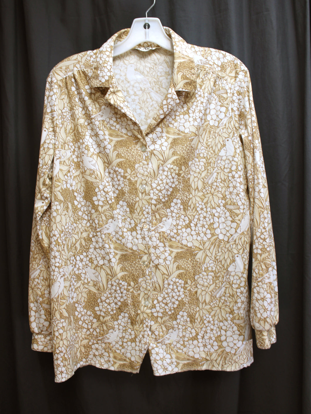 Vintage 70's - Koret of California - Tan & White, Bird & Floral Print Button Front Shirt - 18