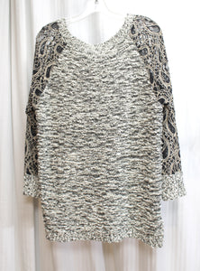 Escio - Pearl, Black & Beige, Knobbly Knit Sweater w/ Embroidered Mesh Knit Sleeves - Size XL