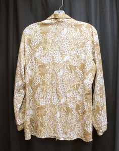 Vintage 70's - Koret of California - Tan & White, Bird & Floral Print Button Front Shirt - 18" Shoulders, 22" Chest (pit to pit)