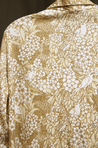 Vintage 70's - Koret of California - Tan & White, Bird & Floral Print Button Front Shirt - 18" Shoulders, 22" Chest (pit to pit)