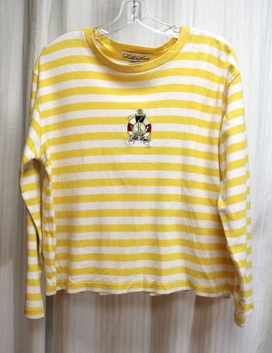 Vintage 1980's - Lilli Ann - Yellow & White Stripe w/ Nautical Embroidered Emblem, Wide Neck 3/4th Sleeve Top - Size L