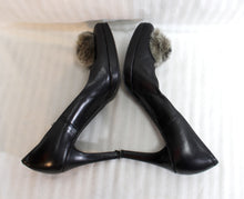 Load image into Gallery viewer, Vintage - Carisma (Italy) - Black Leather Pumps w/ Fur Spiral Rosette Pom Poms - Size 8.5