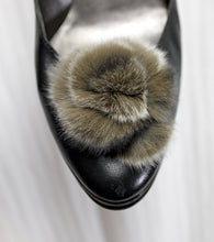 Load image into Gallery viewer, Vintage - Carisma (Italy) - Black Leather Pumps w/ Fur Spiral Rosette Pom Poms - Size 8.5