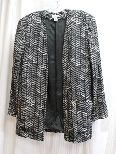 Vintage - Silks by St Gillian - 100% Silk, Black & Grays, Lightweight Abstract Herringbone Open Front Jacket w/ Front Pockets  - Size 10