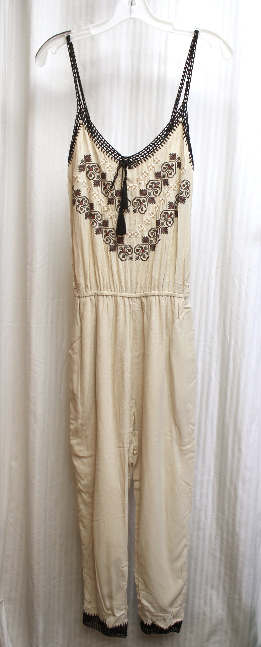 Hoss Intropia (Spain) Beige w/ Cross Stitch & Embroidered Detailing & Borders Tank Jumpsuit - Size 34 (S)