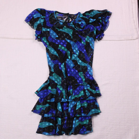 Lori Max - Vintage - Blue & Black Two-piece Dress with Tiered Ruffles - Size 10P