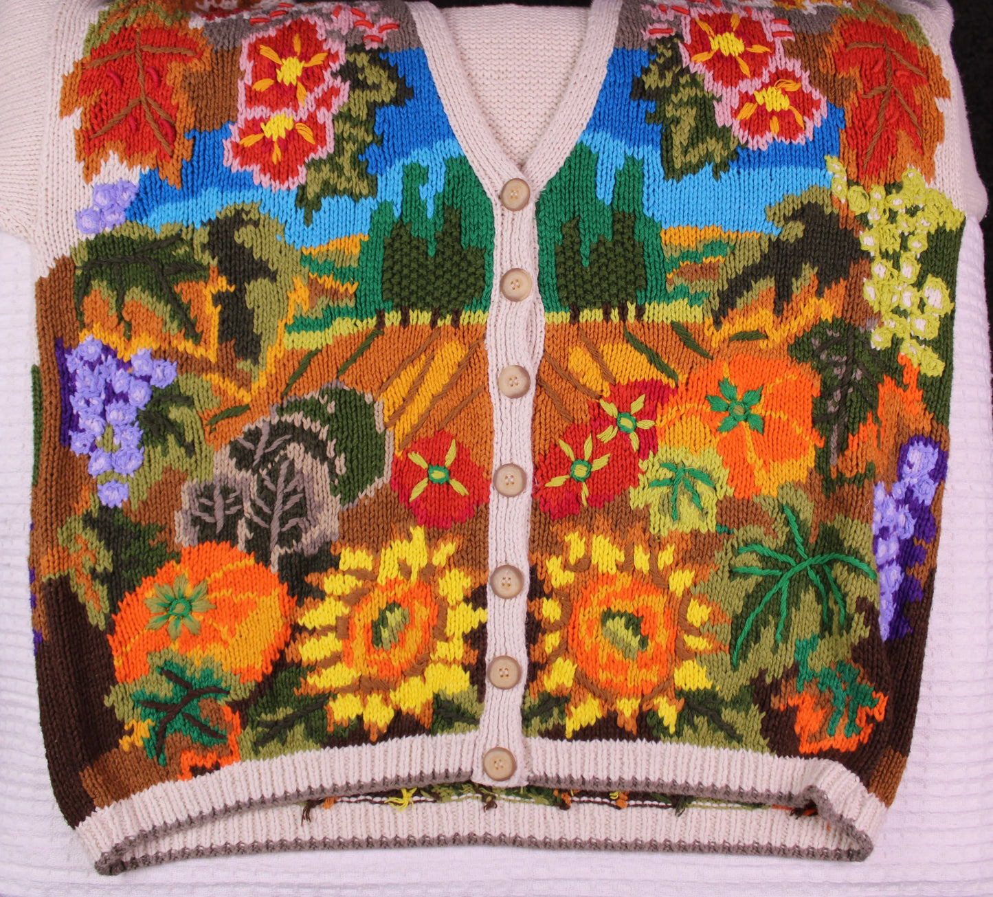 Cardigan Bay - Vintage - Autumn Harvest Themed Hand-Knitted Button-Front Sweater - Size 1X