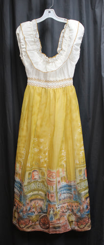 Vintage 1970's - Candi Jones California - Ruffle Bodice High Waisted w/ Moulin Rouge Print Skirt Dress - Size 5 (Vintage See Measurements)