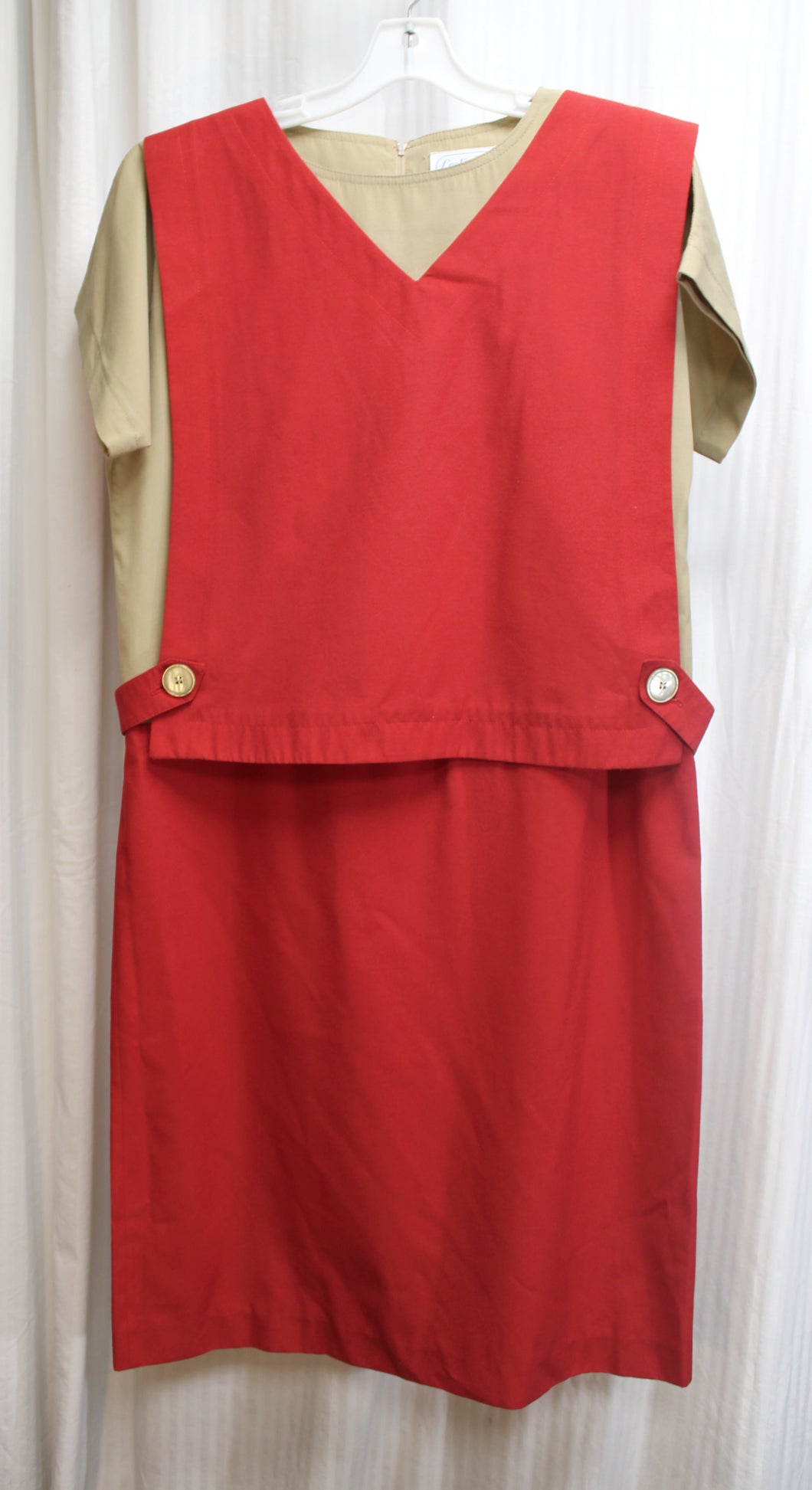 Vintage - Leslie Fay - 2 Piece Red & Tan Dress w/ Removable Apron Vest - Size L (Approx, See Measurements)