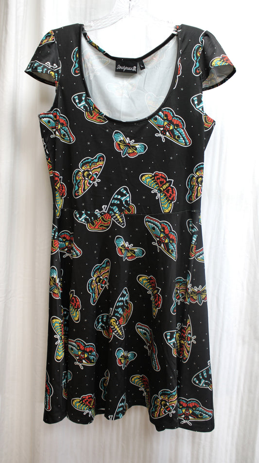 Sourpuss - Cap Sleeve Deaths-Head Moth Print Skater Dress - Size L