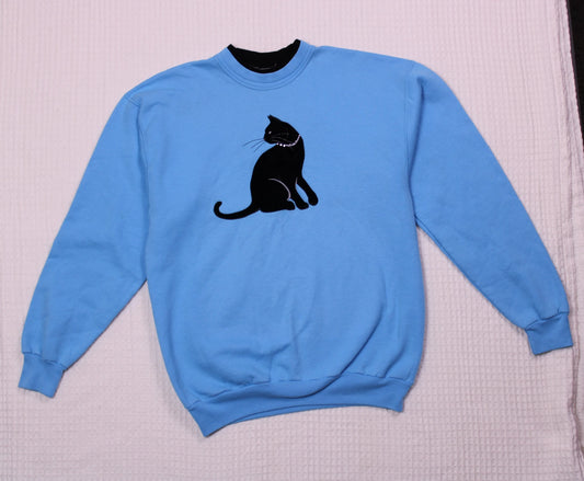 Top Stitch by Morning Sun - Vintage - Light Blue Sweatshirt with a Embroidered Black Cat - Size L