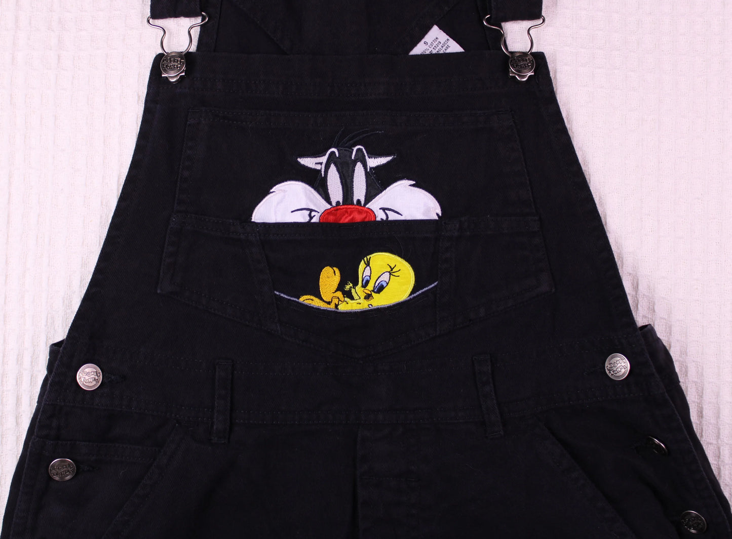 Looney Tunes - Vintage - Black Overalls with Embroidered Tweety Bird & Sylvester  - Size S