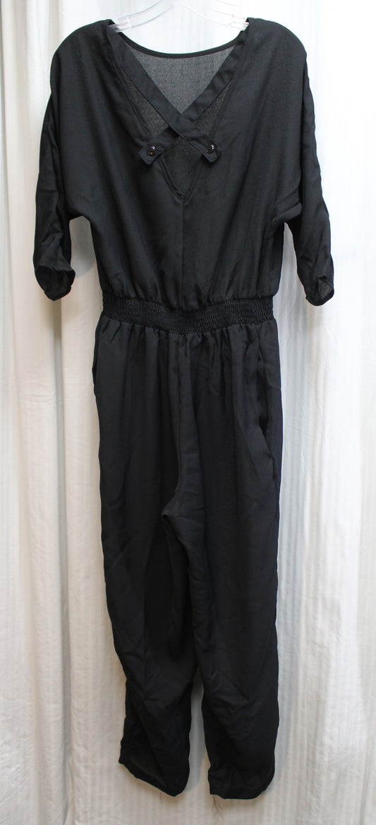 Vintage - A. Byer - Black Dolman Sleeve Semi Sheer Cross Chest Straps Detail, Elastic Waist Jumpsuit - Size L