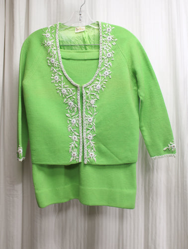 Vintage 50's/60's- Liz Ann - Green Beaded 3/4th Sleeve, Scoop Neck Cardigan & matching Skirt - Size 10 (VINTAGE See Measurements 27.5