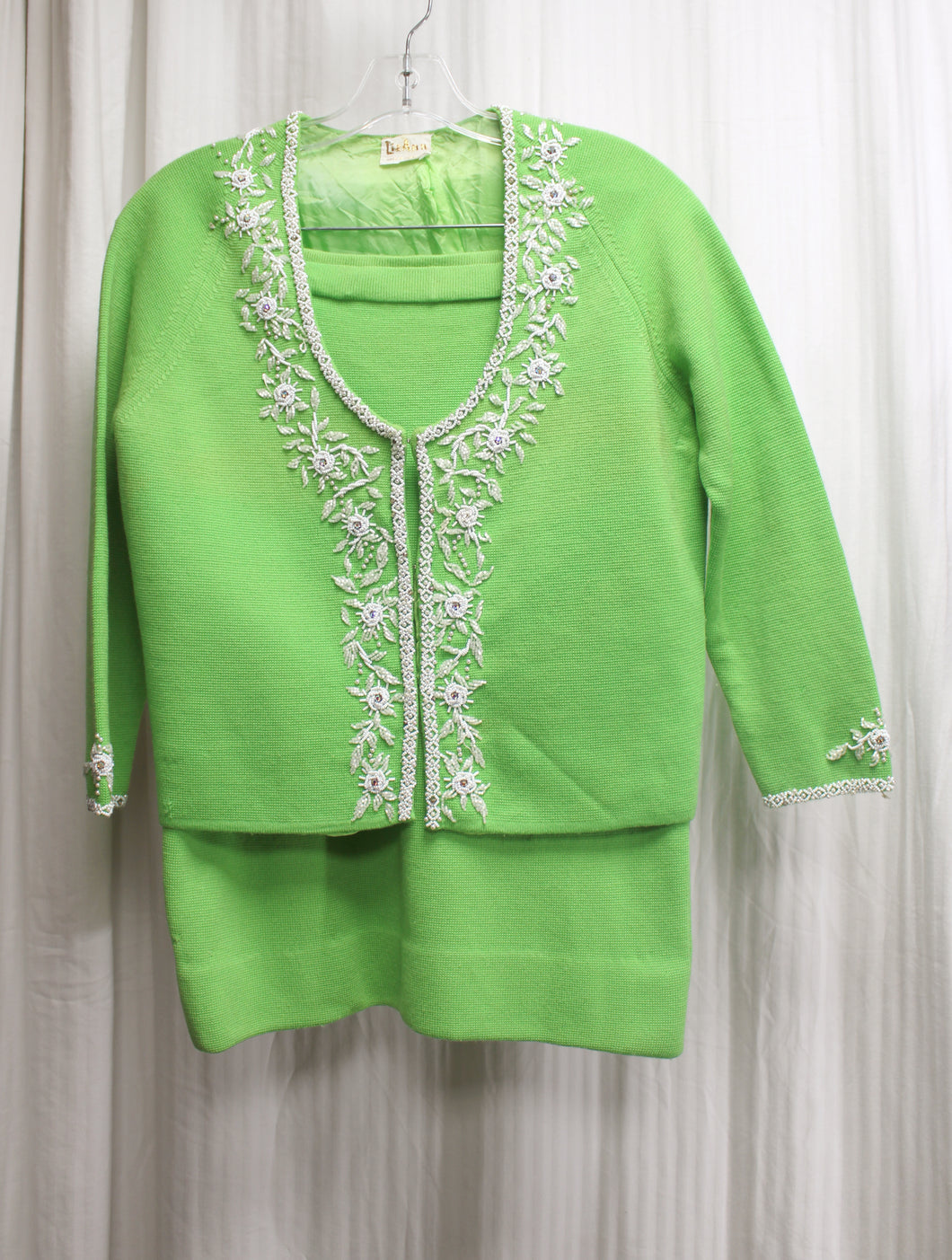 Vintage 50's/60's- Liz Ann - Green Beaded 3/4th Sleeve, Scoop Neck Cardigan & matching Skirt - Size 10 (VINTAGE See Measurements 27.5