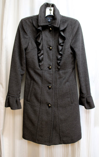 Tommy Hilfiger - Charcoal Gray, Wool Blend Ruffle Cuff & Chest Detail Coat - Size XS