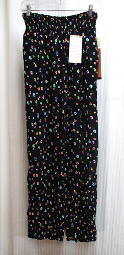 Vintage - Carol Little - Black w/ Abstract Polk a Dots, Semi Sheer Flowy Smocked Elastic Waist Pants - Size 8 (Vintage Sizing 24
