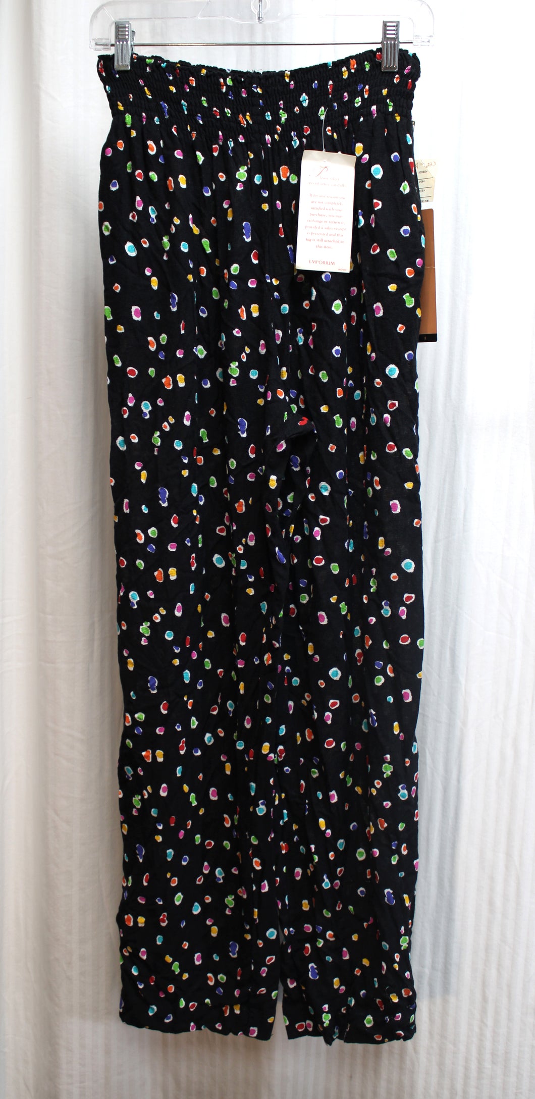 Vintage - Carol Little - Black w/ Abstract Polk a Dots, Semi Sheer Flowy Smocked Elastic Waist Pants - Size 8 (Vintage Sizing 24