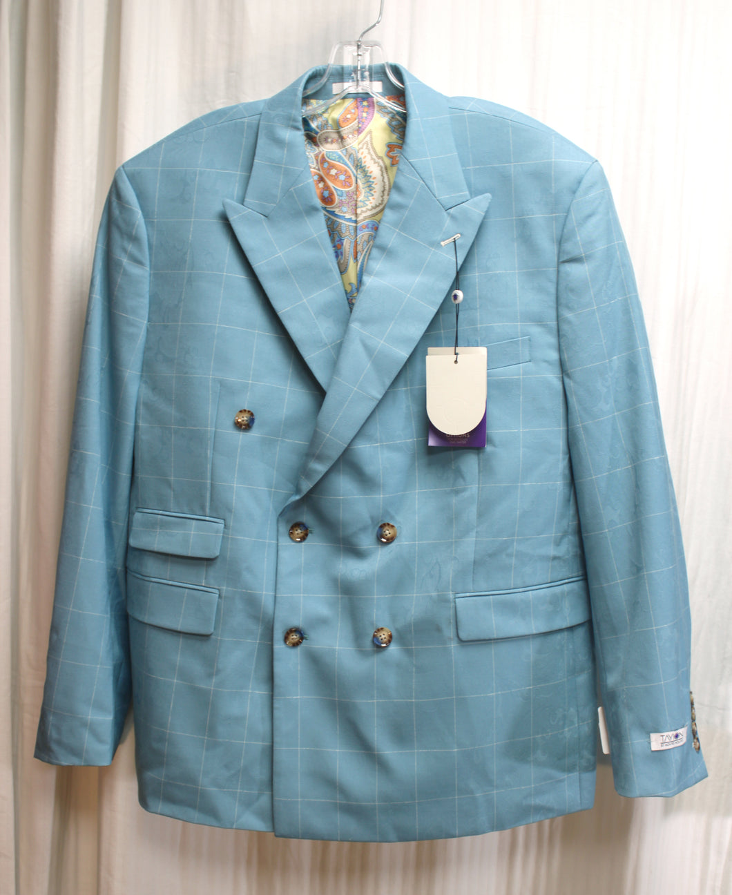 Men's - Tayion by Montee Holland - Blue Swirl Jacquard, Check Double Breasted Wool Blend Suit Jacket - Size 44 Short - w Tags