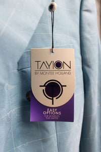 Men's - Tayion by Montee Holland - Blue Swirl Jacquard, Check Double Breasted Wool Blend Suit Jacket - Size 44 Short - w Tags