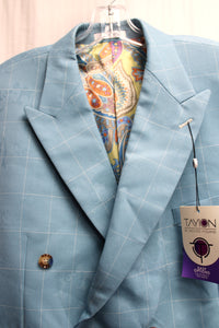 Men's - Tayion by Montee Holland - Blue Swirl Jacquard, Check Double Breasted Wool Blend Suit Jacket - Size 44 Short - w Tags