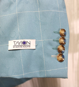 Men's - Tayion by Montee Holland - Blue Swirl Jacquard, Check Double Breasted Wool Blend Suit Jacket - Size 44 Short - w Tags