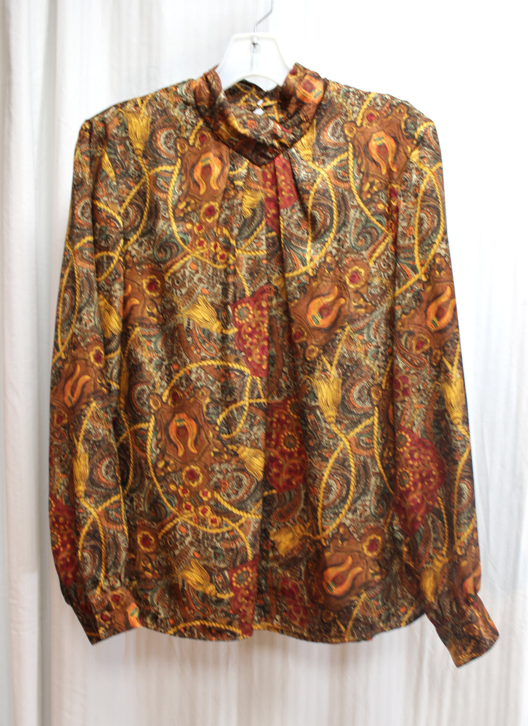 Vintage - Heritage Road - High Neck, Tassel & Paisley Print Silky Blouse - Size 10 (Vintage, See Measurements)