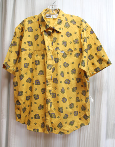 Vintage - Ilio - Golden Yellow Cotton Short Sleeve, Purple & Green Patterned Print Button Front Shirt - Size L (w/ Original Tag)