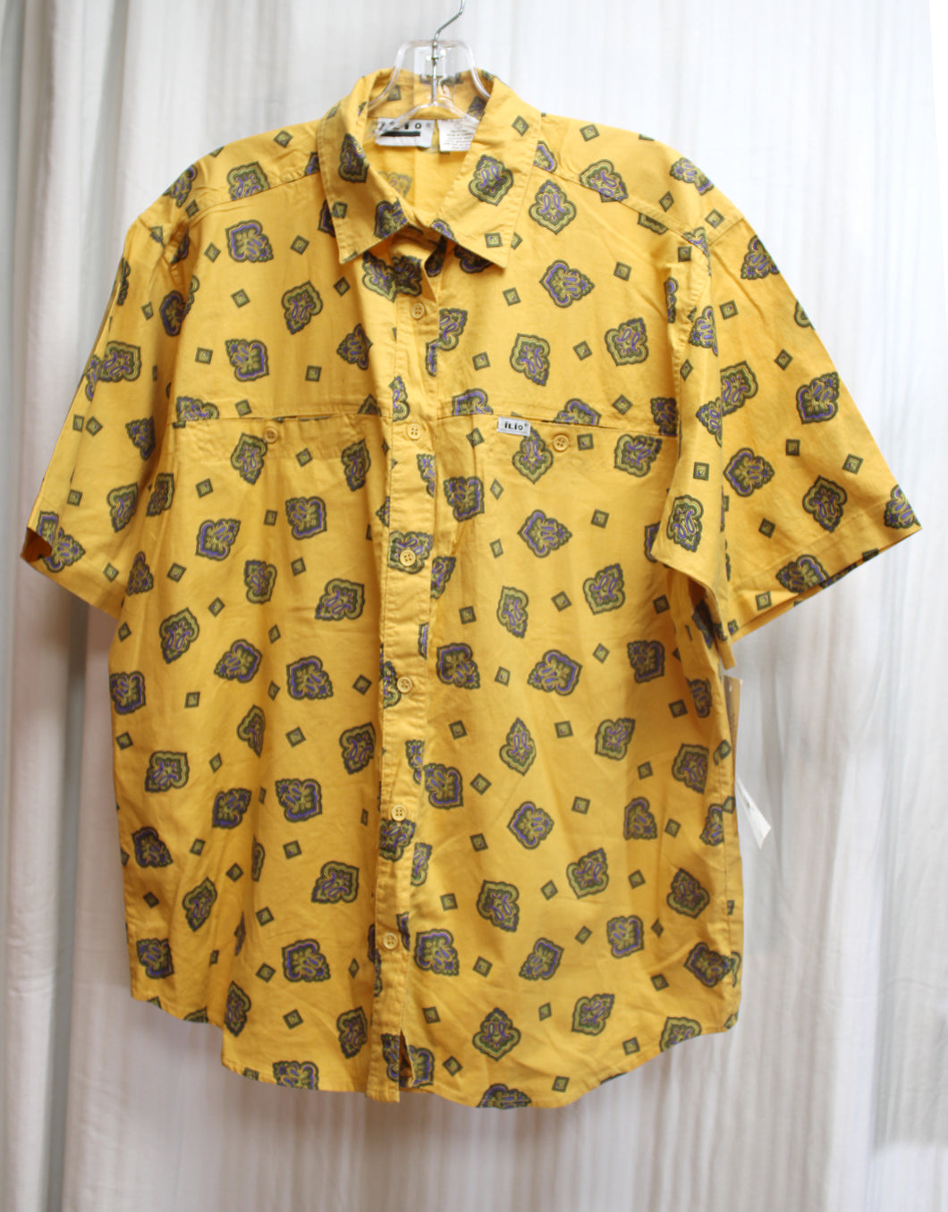 Vintage - Ilio - Golden Yellow Cotton Short Sleeve, Purple & Green Patterned Print Button Front Shirt - Size L (w/ Original Tag)