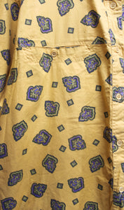 Vintage - Ilio - Golden Yellow Cotton Short Sleeve, Purple & Green Patterned Print Button Front Shirt - Size L (w/ Original Tag)