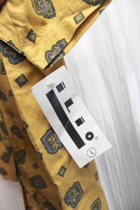 Vintage - Ilio - Golden Yellow Cotton Short Sleeve, Purple & Green Patterned Print Button Front Shirt - Size L (w/ Original Tag)
